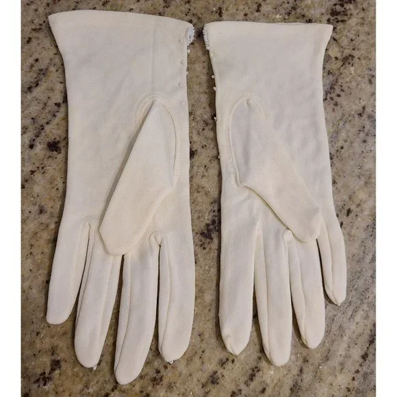 New? Vintage One Size Fits Cream Stretch Nylon Formal 8" Gloves Silver Tone Bead - Picture 6 of 16